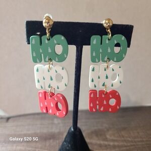Christmas Ho Ho Ho Drop Earrings Women Green White Red‎ Festive Holiday Jewelry